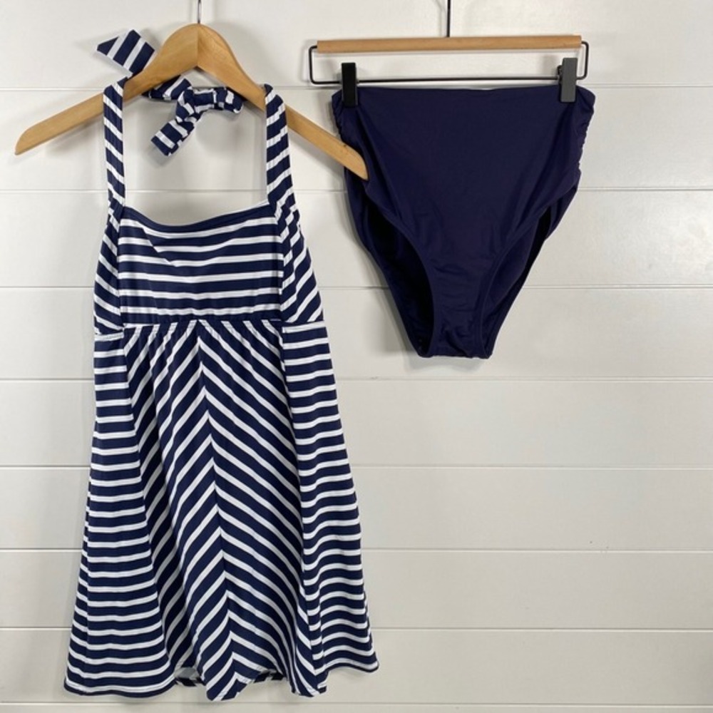Lands' End Womens Stripe Dresskini Tankini 2 Piece Swimsuit Sz 8 Blue‎ Nautical